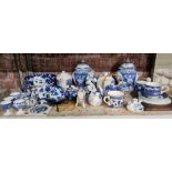 SHELF OF BLUE & WHITE ORNAMENT BOWLS, TEA CUPS & SAUCERS, SMALL TEA POT, FIGURINES