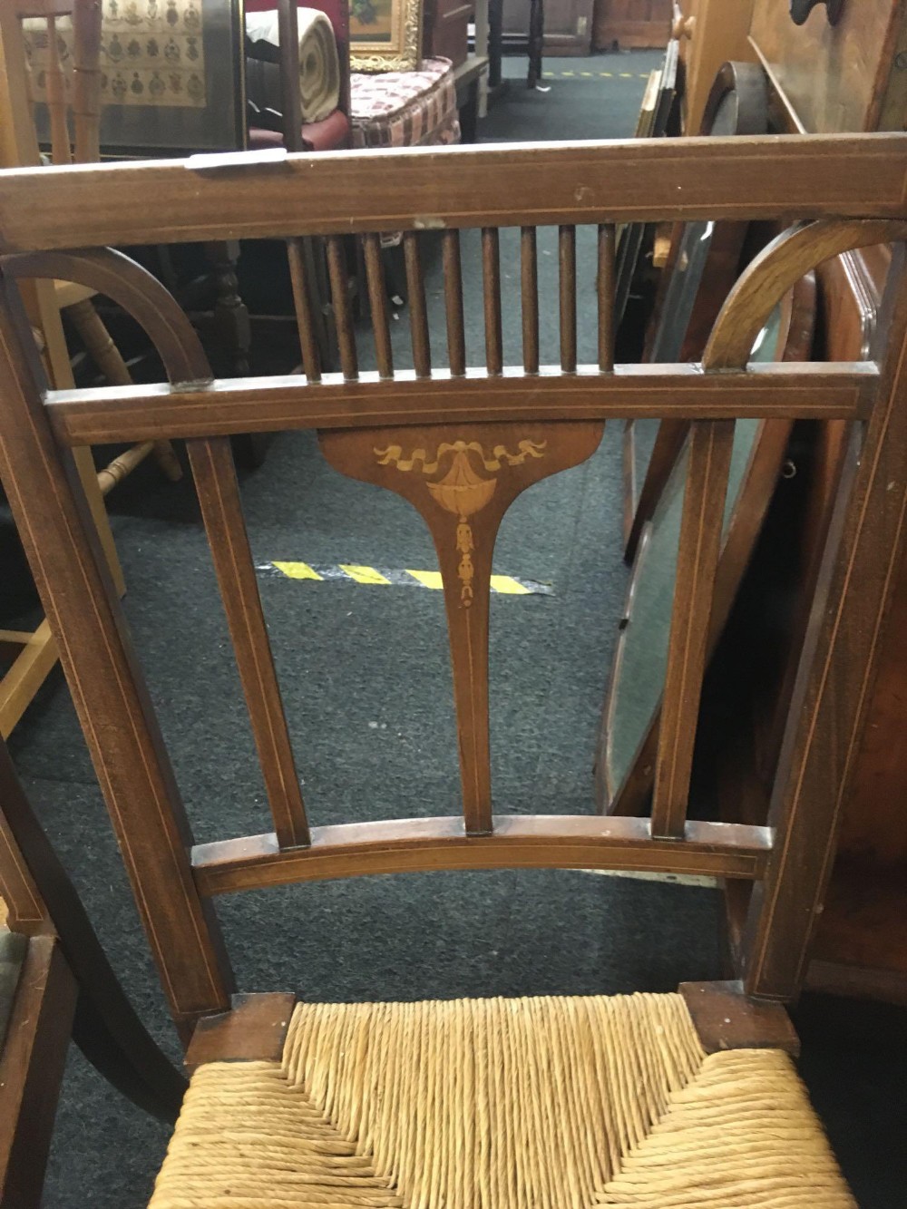 2 UNUSUAL INLAID CHAIRS, 1 UPHOLSTERED & 1 STRING SEATED - Image 2 of 4