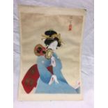 A RARE JAPANESE WOODBLOCK PRINT OF A GEISHA, INSCRIBED UEMURA SHOEN