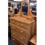 PINE CHEST OF 5 DRAWERS, 3 LONG, 2 SHORT, 3ft WIDE X 3ft 9'' HIGH PLUS ADJUSTABLE PINE MIRROR (NOT