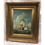 HEAVILY GILT FRAMED OIL ON BOARD OF A MAN OR WAR IN FULL SAIL BY MARIO, WITH CERTIFICATE OF