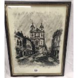 A BLACK AND WHITE PAINTING, A CHURCH IN A TOWNSCAPE. INDISTINCTLY SIGNED WITH INITIALS AND DATED
