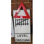 CAST IRON LEVEL CROSSING SIGN & A WOODEN RED HAZARD TRIANGLE