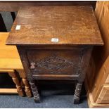 ANTIQUE CARVED OAK POT CUPBOARD WITH TURNED LEGS