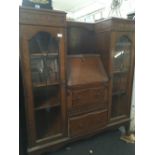 OAK BUREAU DISPLAY CABINET WITH LEADED GLASS & BRASS DROP HANDLES