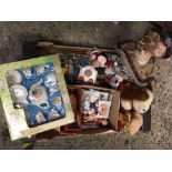 CARTON WITH TOY DOLL, DOG, SMALL PLASTIC FIGURES & A TEA SET