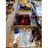 4 CARTONS OF MIXED BRIC-A-BRAC INCL; RED GLASS VASES, PART CRUET SETS, SALTS, BINOCULAR CASE, NIBBLE