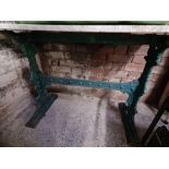 CAST IRON TABLE WITH STRETCHER & MARBLE TOP