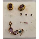 TWO PAIRS OF AMETHYST EAR PENDANT SETS IN GOLD (UNMARKED)