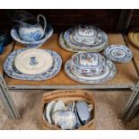 SHELF OF VINTAGE BLUE & WHITE CHINAWARE, MEAT PLATES & WASH BASIN BOWL & JUG ALSO CARTON OF BURINE