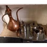 OLD HALL STAINLESS STEEL TEA SERVICE & A LARGE COPPER TURKISH COFFEE POT