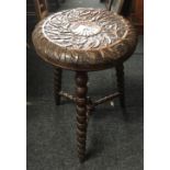 HEAVILY CARVED OAK TRIPOD STOOL WITH BOBBIN TURNED LEGS & STRETCHERS