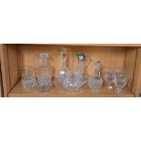 SHELF OF CUT GLASS JUGS, 2 DECANTERS, 2 CLARET JUGS & GOBLETS