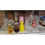 SHELF OF GLASSWARE INCL; VASES, DISHES & BOWLS