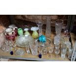 SHELF WITH MISC GLASS & CHINAWARE, VASES, DRINKING GLASSES