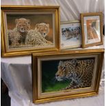 2 LARGE GILT FRAME PRINTS OF BIG CATS & 2 OTHERS