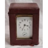 BRASS FRAMED TRAVEL CLOCK WITH ENAMEL DIAL & SECOND'S HAND WITH CARRY CASE & KEY