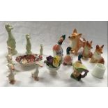 SHELF OF CHINA FIGURES OF CORGI'S, DUCK, GEESE, SMALL PIN TRAY, TOBY JUG & 1 OTHER