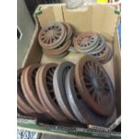 6 ROUGH CAST MODEL TRAIN WHEELS, 6 3/4'' DIA, 6 X 4.5'' DIA & 4 X 3 3/4'' DIA