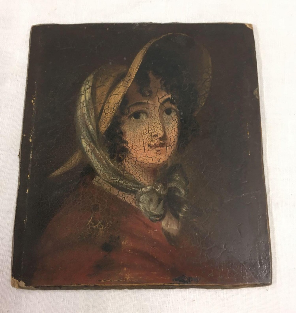 G MORLAND, HEAD & SHOULDERS PORTRAIT OF A LADY IN A BONNET, OIL PAINTING ON BOARD, EARLY 19THC