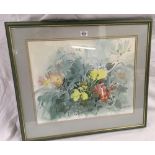 WATERCOLOUR, FREESIA WITH FOLIAGE, SIGNED S HARRELL, BARBICAN GALLERY LABEL TO REVERSE