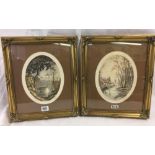 PAIR OF OVAL COLOURED ETCHINGS SIGNED & INSCRIBED INDISTINCTLY IN PENCIL IN GOOD QUALITY GILT