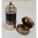 SILVER & BLUE GLASS PEPPER & A SILVER MACHINE TURN PILL BOX