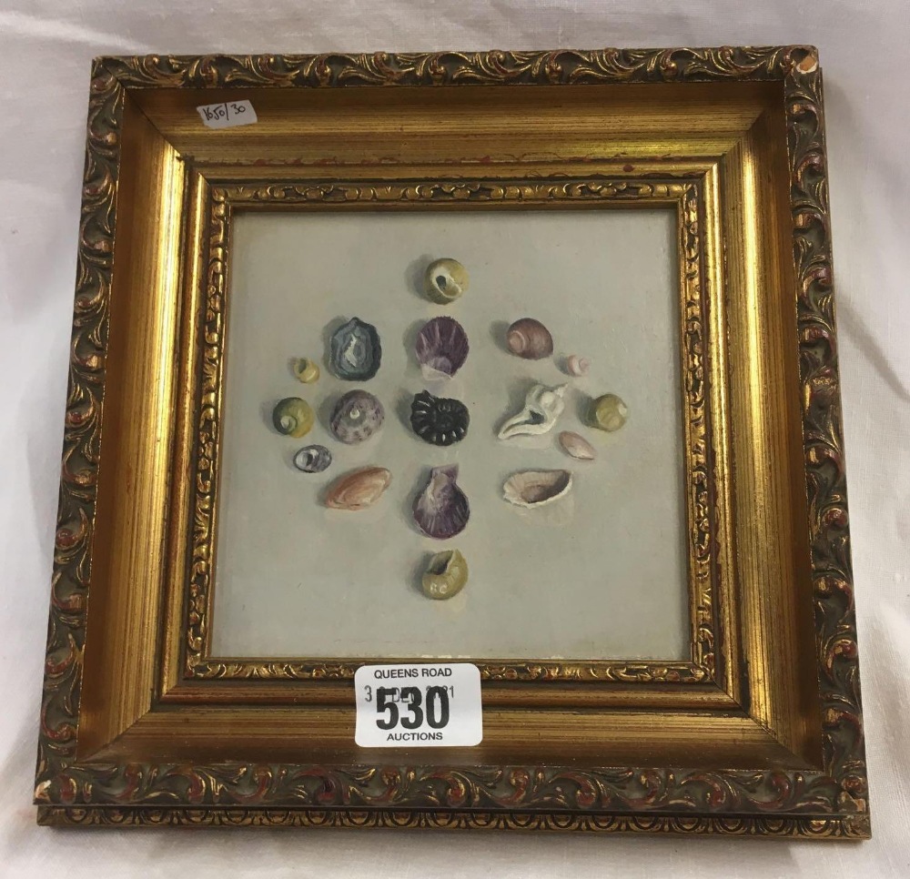 SMALL PAINTING ON BOARD OF SEASHELLS AND FOSSIL, INSCRIBED ON THE REVERSE ELIOTT HODGKIN AND