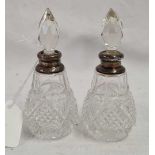 2 HOBNAIL CUT SILVER NECK DRESSING TABLE JARS, STOPPERS A/F
