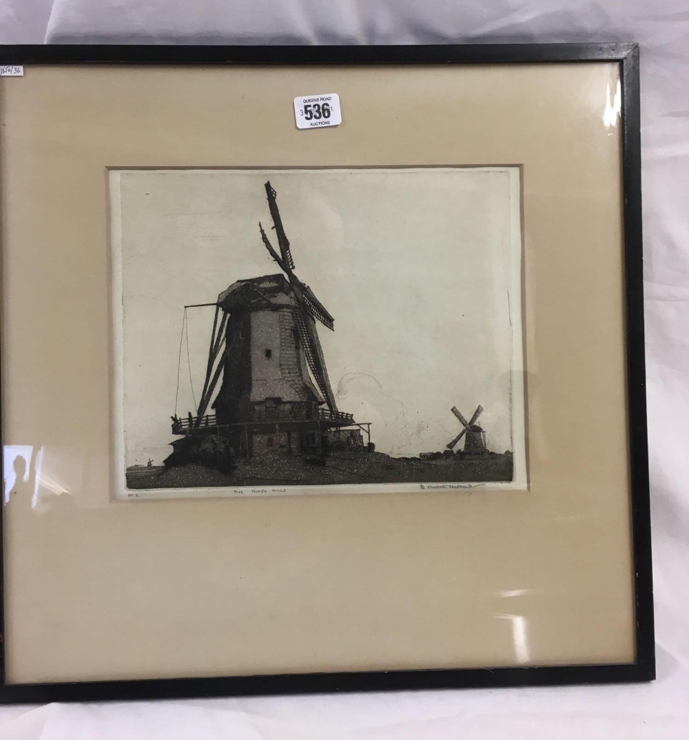 PENCIL SIGNED ETCHING ENTITLED ''THE THREE MILLS'' NUMBERED 2 SIGNED E HESKETH-HUBBARD