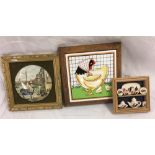 FRAMED CERAMIC POT LID OF A BUSY HARBOUR SCENE TOGETHER WITH 2 OTHER FRAMED CERAMIC ITEMS