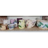 SHELF OF VARIOUS PLANTERS & JUGS INCL; CHAMBER POT