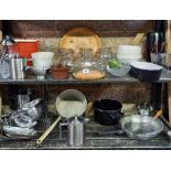 2 SHELVES WITH MISC STAINLESS STEEL KITCHENWARE, KILNER JARS, STAINLESS STEEL FLASK, JELLY MOULD &