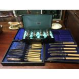 BOX OF FISH KNIVES & FORKS, ANOTHER WITH TEA KNIVES & BOX OF 4 PLATED GOBLETS