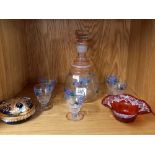 DECANTER & STOPPER WITH SHERRY GLASSES & CHINAWARE