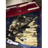 CARTON OF PLATED TABLEWARE WITH BONE HANDLED KNIVES & A PART CARVING SET IN RED BOX