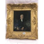GOOD 19THC OIL PAINTING ON CANVAS OF A GENTLEMAN SAT AT A DESK WITH QUILL PEN IN OLD ANTIQUE GILT