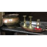 OVAL COPPER WHITE METAL PAN WITH 2 HANDLES, 3 CANDLE STICKS & BRASS POT HOLDER