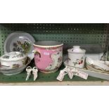 SHELF OF ROYAL WORCESTER OVEN TO TABLEWARE, PINK FLORAL JARDINIERE, CRACKED ETC