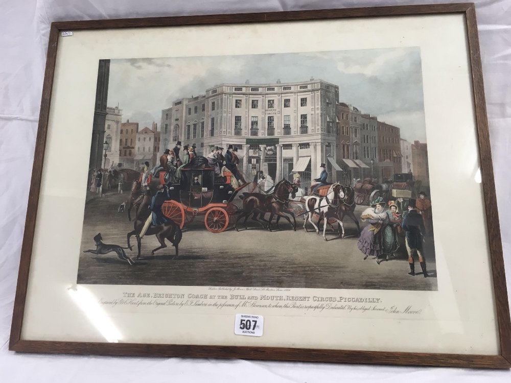 EARLY 19THC COLOURED COACHING ENGRAVING OF THE BRIGHTON COACH AT THE BULL & MOUTH, REGENTS CIRCUS,