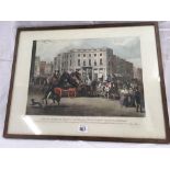 EARLY 19THC COLOURED COACHING ENGRAVING OF THE BRIGHTON COACH AT THE BULL & MOUTH, REGENTS CIRCUS,
