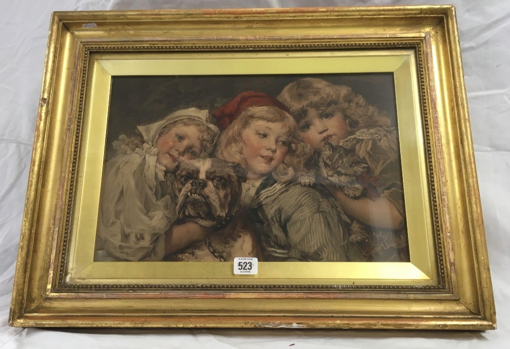 LATE 19THC PORTRAIT OF 3 GIRLS, A DOG AND A KITTEN, INDISTINCTLY SIGNED IN AN OLD GILT FRAME. [