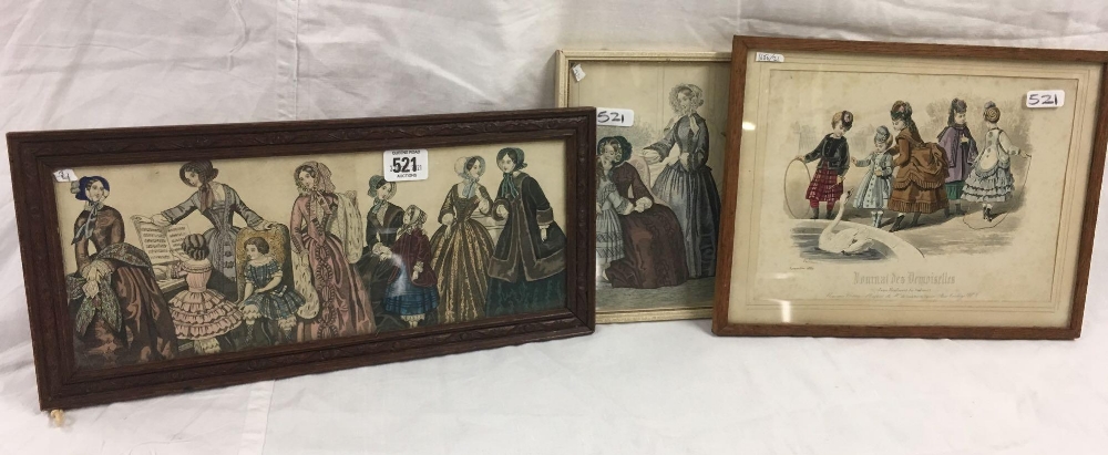 3 ASSORTED ANTIQUE COLOURED FASHION ENGRAVINGS, ONE IN DECORATIVE CARVED WOOD FRAME