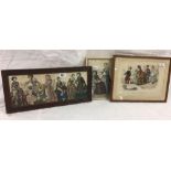 3 ASSORTED ANTIQUE COLOURED FASHION ENGRAVINGS, ONE IN DECORATIVE CARVED WOOD FRAME