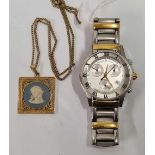 MARUICE LACROIX CHRONOGRAPH WATCH & SQUARE GILT PENDANT ON CHAIN