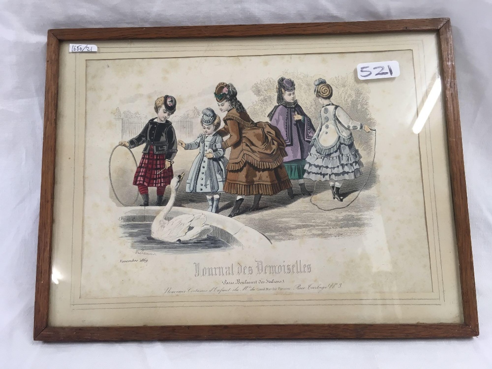 3 ASSORTED ANTIQUE COLOURED FASHION ENGRAVINGS, ONE IN DECORATIVE CARVED WOOD FRAME - Image 4 of 4