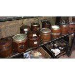 SHELF WITH 10 METAL & OAK BISCUIT BARRELS