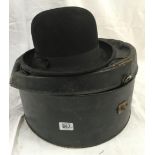 BLACK BOWLER HAT BY DUNN OF LONDON IN HAT BOX, HAT BOX A/F