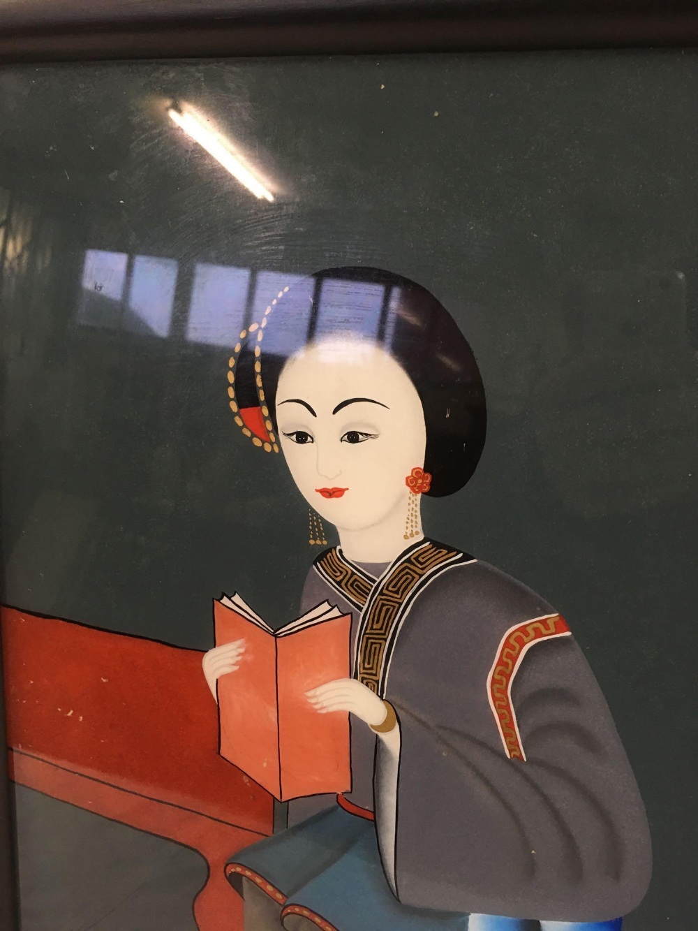 ORIENTAL REVERSE GLASS PAINTING OF A YOUNG WOMAN - Image 2 of 2