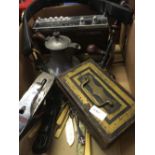 CARTON WITH A GRUNDIG RADIO, PEWTER COFFEE POT, CASH BOX, LEATHER STRAP WITH BUCKLES & BRASSES,